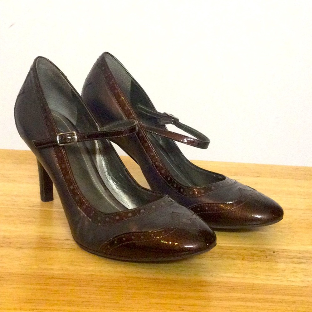 🌞 Alex Marie Mary Jane 3.25” heel ankle strap bronze Patent Leather women 7.5